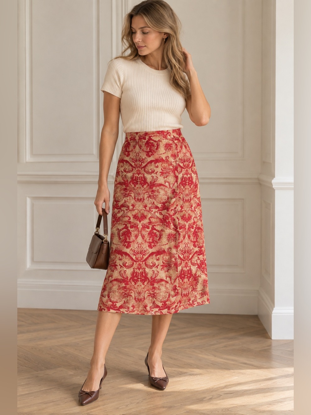 Nygard Collection Linen Blend Damask Midi Skirt Red Size 20